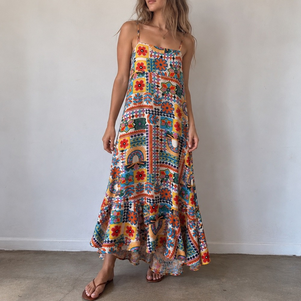 Paper Heart Multicolor Floral Maxi Dress Tie Back Large Boho Festival Vacation